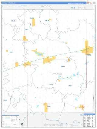 Lincoln County, OK Business Reference style ZIP Code wall map
