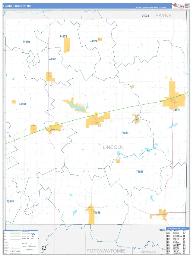 Lincoln County, OK ZIP Code Wall Map, Business Reference style