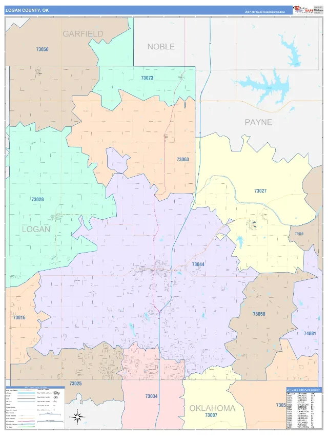 Logan County, OK ZIP Code Wall Map, ColorCast style