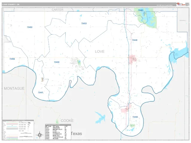 Love County, OK ZIP Code Wall Map, Classic style