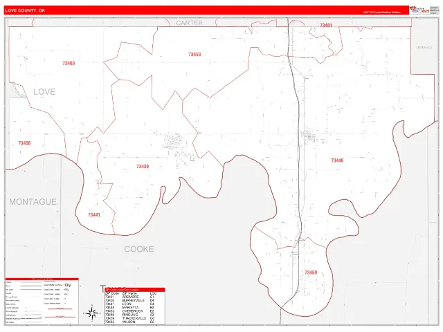 Love County, OK ZIP Code Wall Map, RedLine style