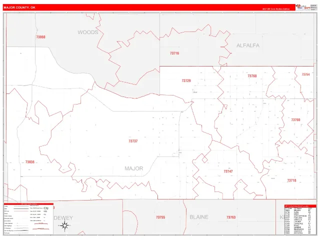 Major County, OK ZIP Code Wall Map, RedLine style