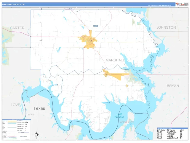 Marshall County, OK ZIP Code Wall Map, Business Reference style