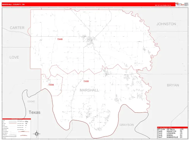 Marshall County, OK ZIP Code Wall Map, RedLine style