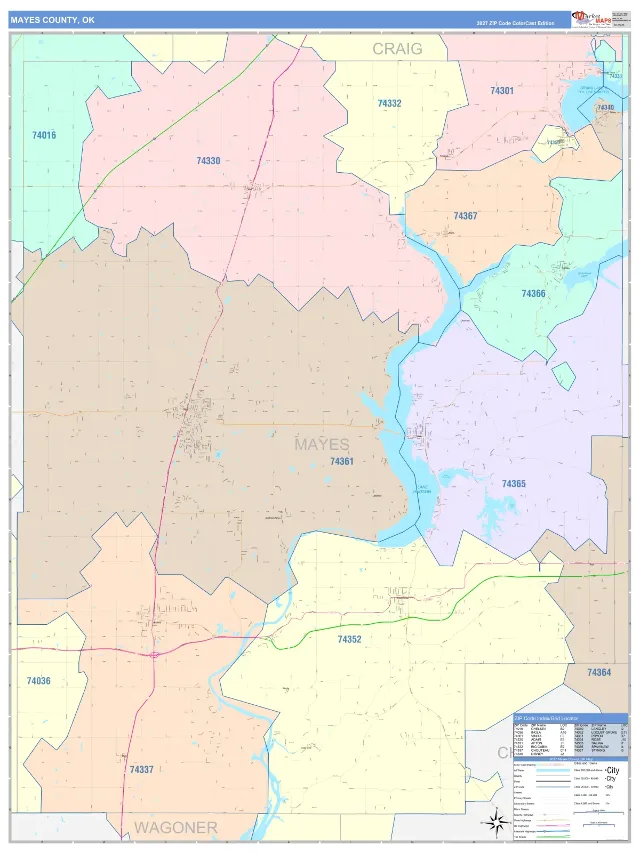 Mayes County, OK ZIP Code Wall Map, ColorCast style