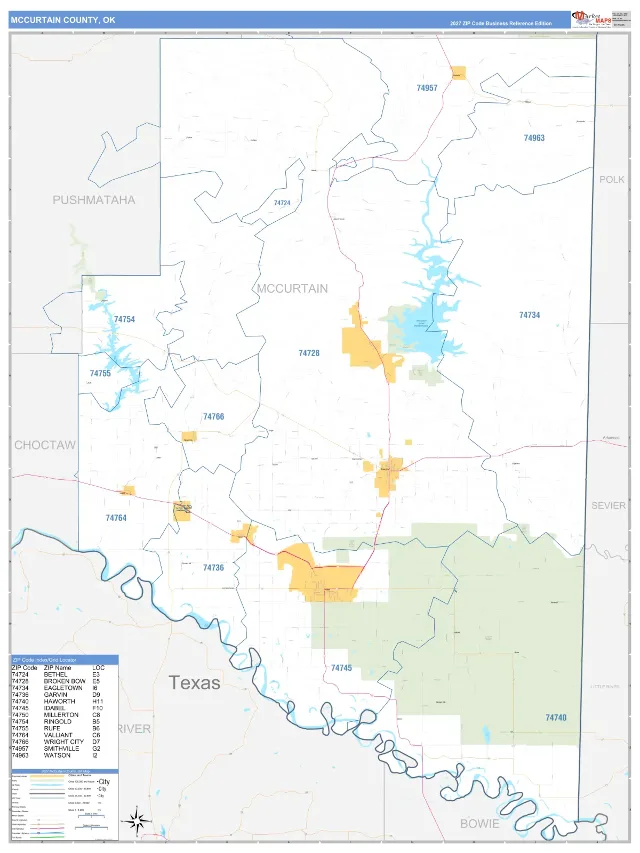 McCurtain County, OK ZIP Code Wall Map, Business Reference style