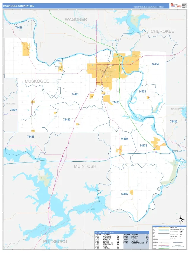 Muskogee County, OK ZIP Code Wall Map, Business Reference style