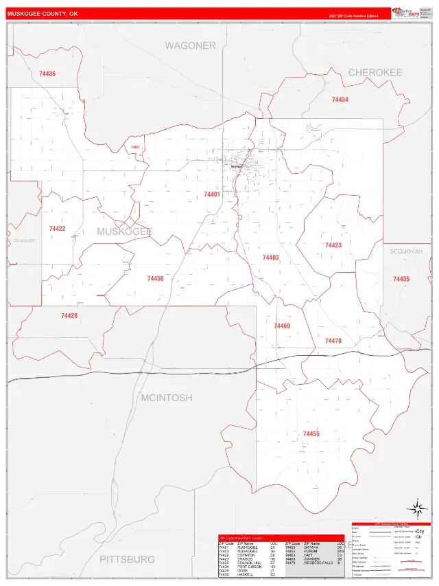 Muskogee County, OK ZIP Code Wall Map, RedLine style