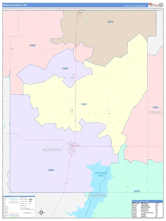 Nowata County, OK ZIP Code Wall Map, ColorCast style