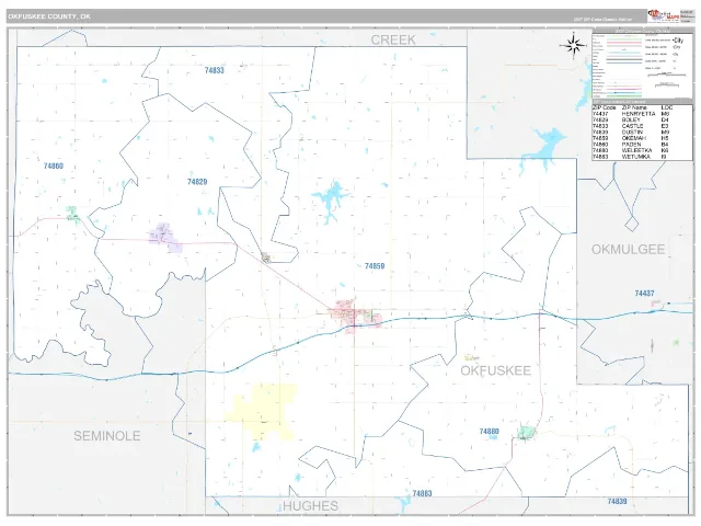 Okfuskee County, OK ZIP Code Wall Map, Classic style