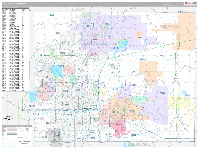 Oklahoma County, OK ZIP Code Wall Map, Classic style