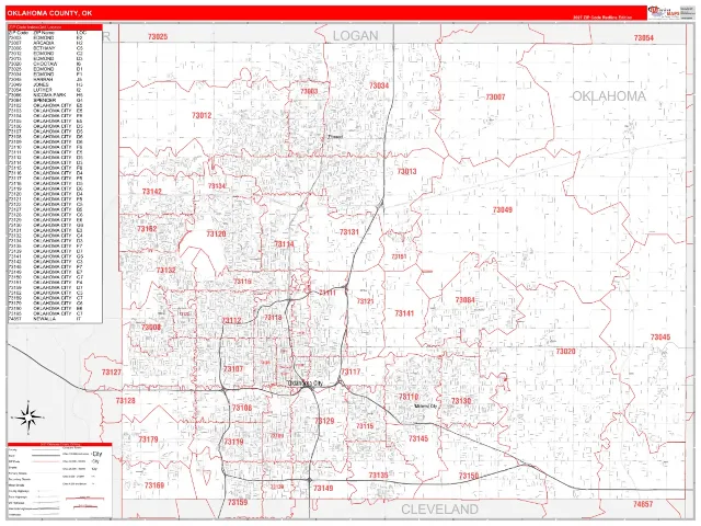 Oklahoma County, OK ZIP Code Wall Map, RedLine style