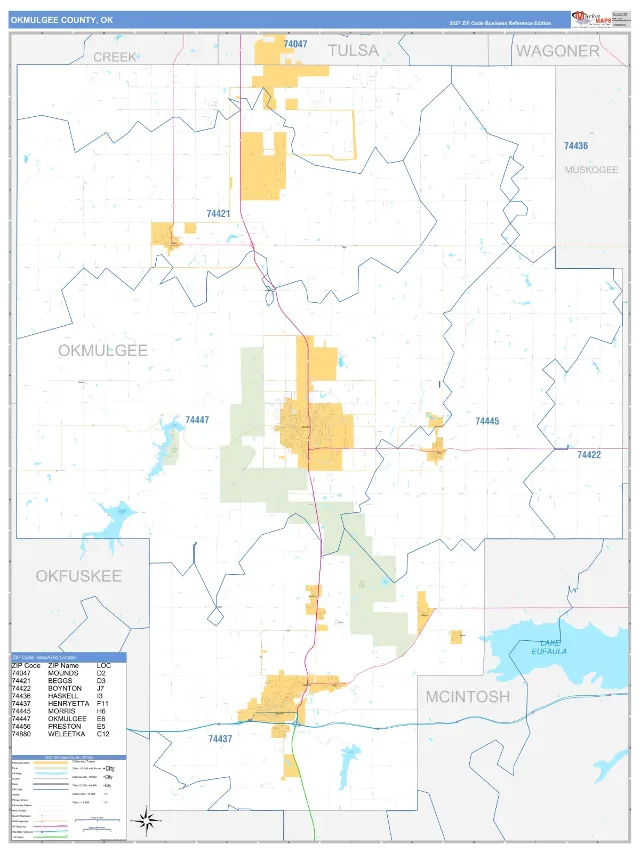 Okmulgee County, OK ZIP Code Wall Map, Business Reference style