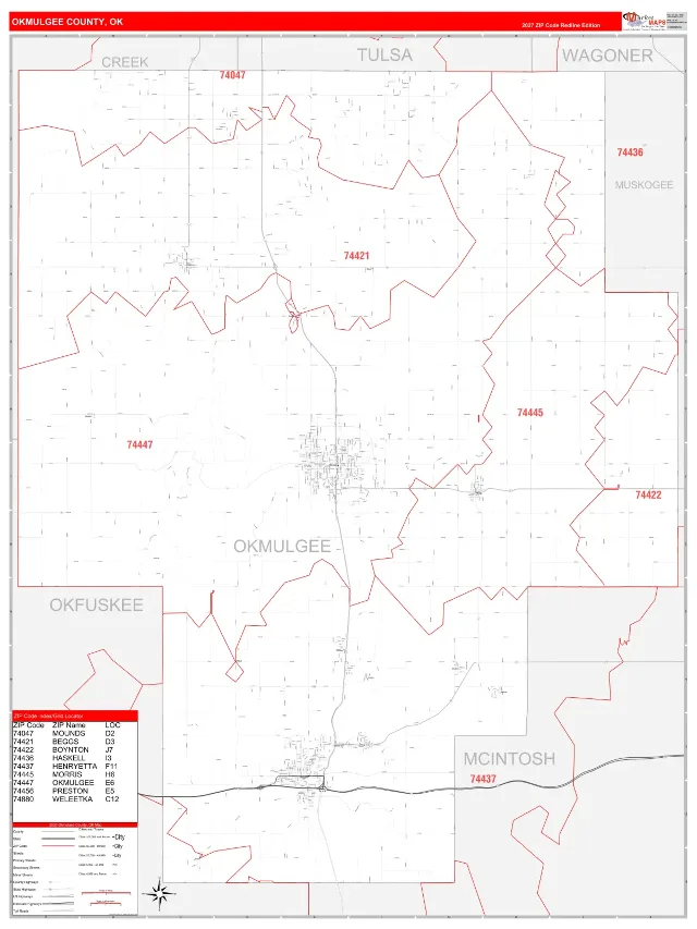 Okmulgee County, OK ZIP Code Wall Map, RedLine style