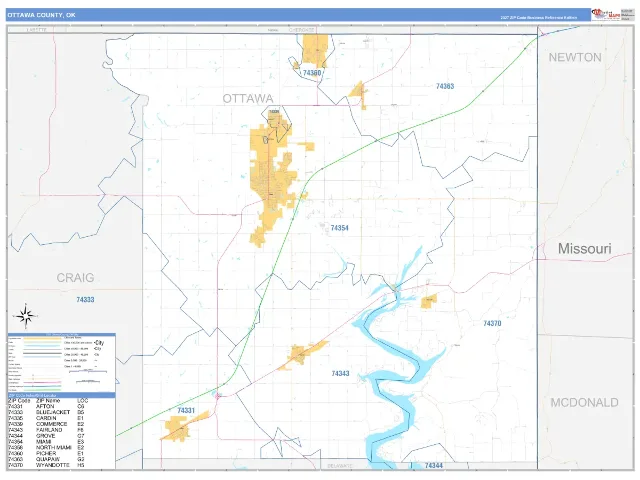 Ottawa County, OK ZIP Code Wall Map, Business Reference style