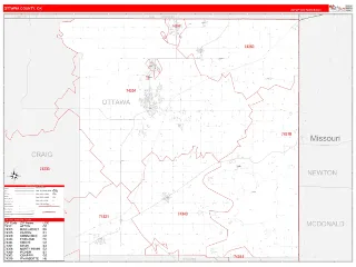 Ottawa County, OK RedLine style ZIP Code wall map