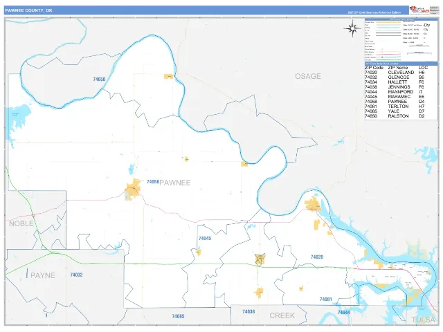 Pawnee County, OK ZIP Code Wall Map, Business Reference style