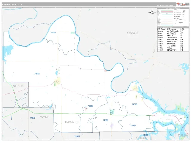Pawnee County, OK ZIP Code Wall Map, Classic style