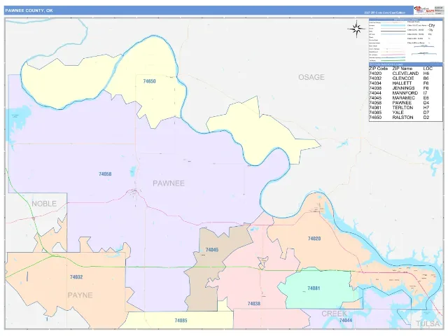 Pawnee County, OK ZIP Code Wall Map, ColorCast style