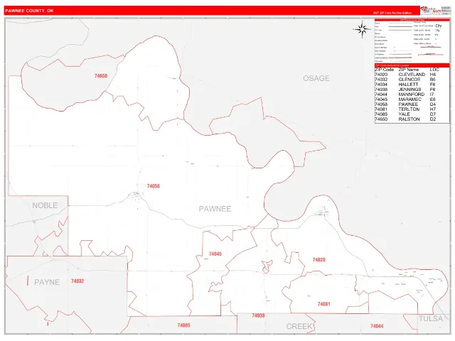 Pawnee County, OK ZIP Code Wall Map, RedLine style