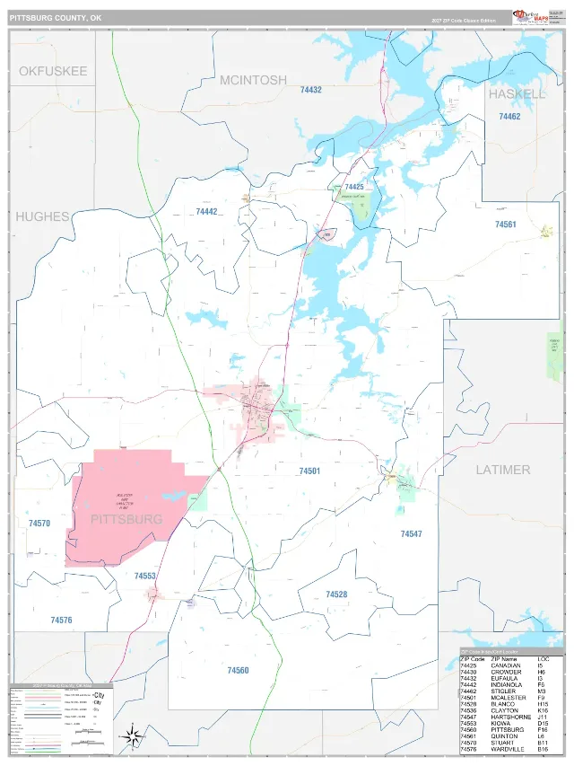 Pittsburg County, OK ZIP Code Wall Map, Classic style