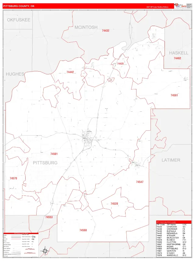 Pittsburg County, OK ZIP Code Wall Map, RedLine style