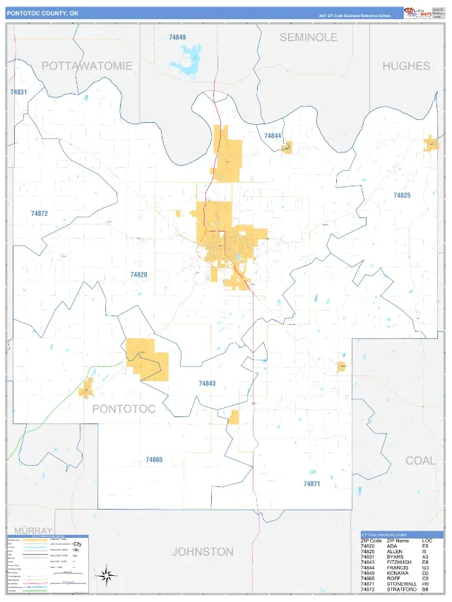 Pontotoc County, OK ZIP Code Wall Map, Business Reference style
