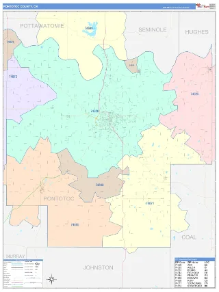 Pontotoc County, OK ColorCast style ZIP Code wall map