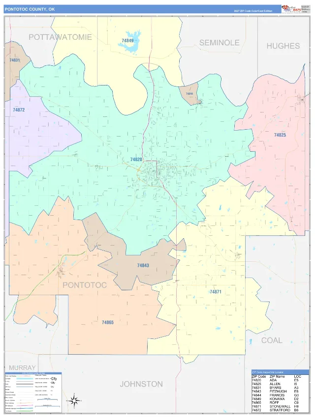 Pontotoc County, OK ZIP Code Wall Map, ColorCast style