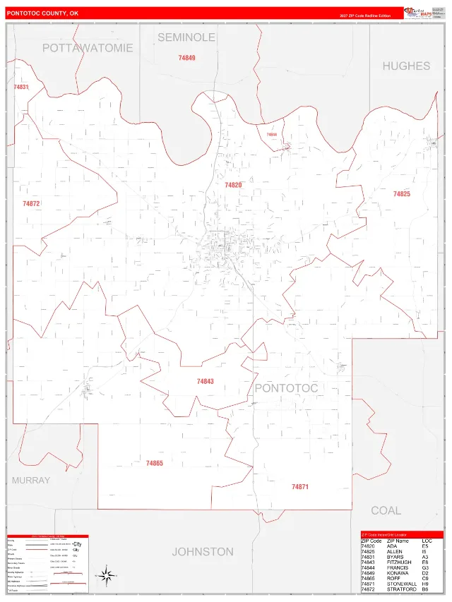Pontotoc County, OK ZIP Code Wall Map, RedLine style