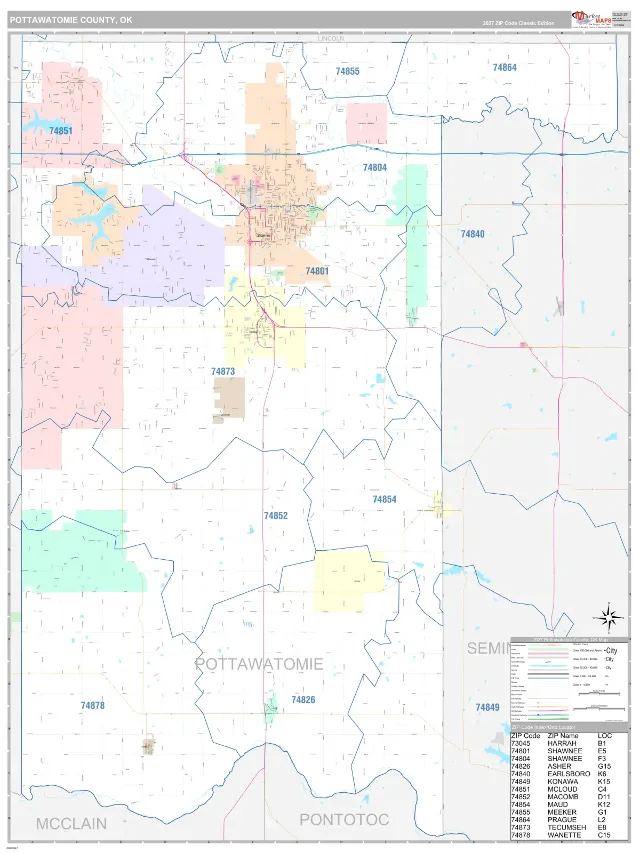Pottawatomie County, OK ZIP Code Wall Map, Classic style