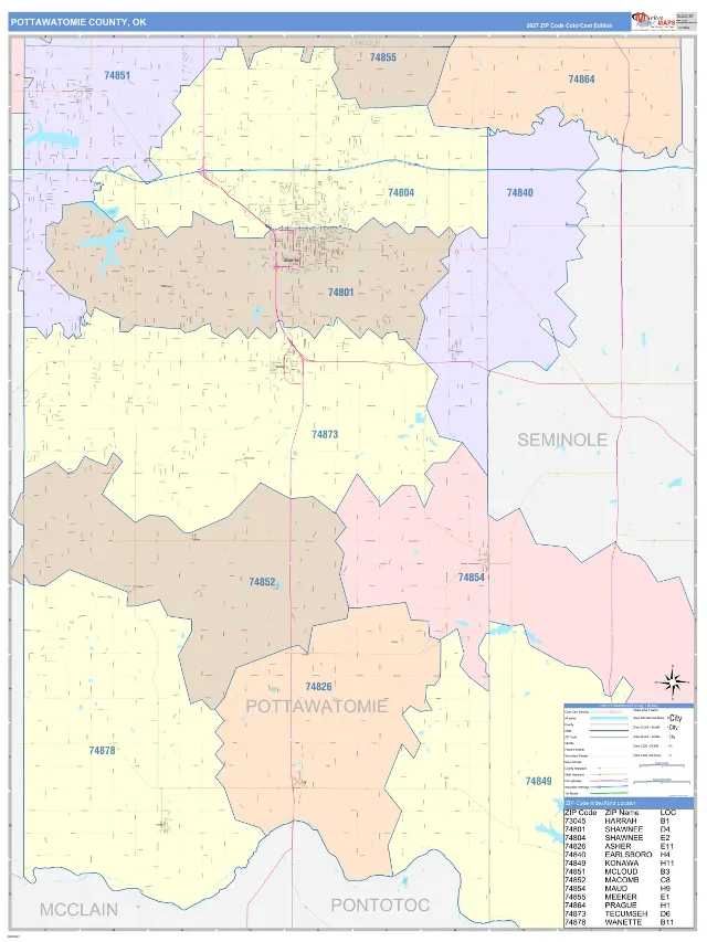 Pottawatomie County, OK ZIP Code Wall Map, ColorCast style