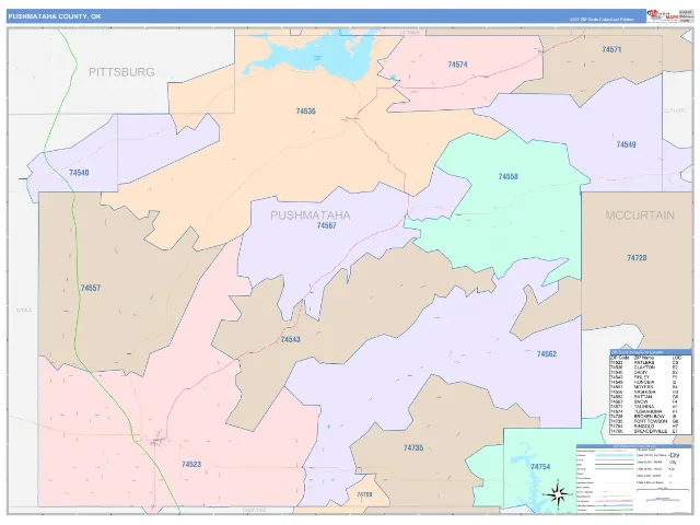 Pushmataha County, OK ZIP Code Wall Map, ColorCast style