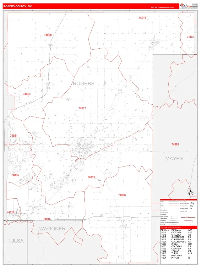 Rogers County, OK ZIP Code Wall Map, RedLine style