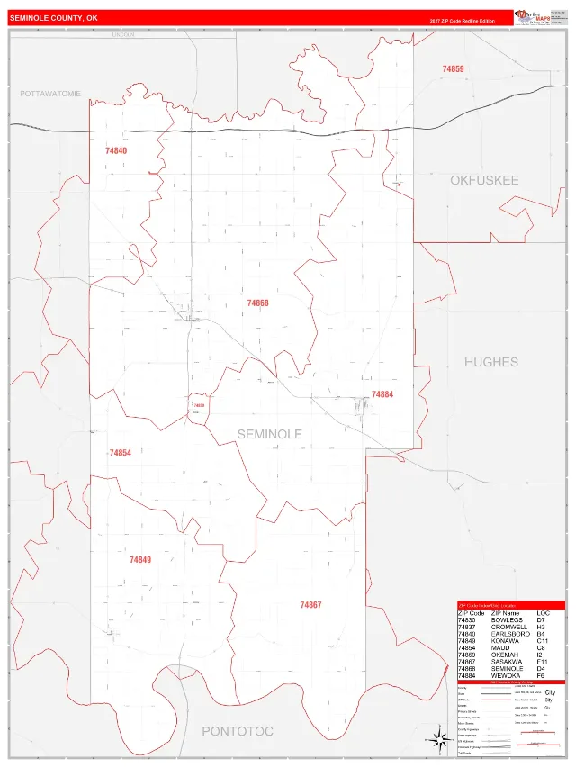 Seminole County, OK ZIP Code Wall Map, RedLine style