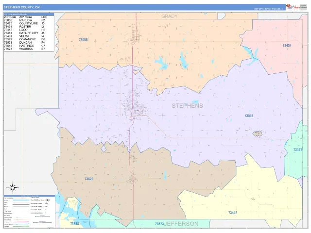 Stephens County, OK ZIP Code Wall Map, ColorCast style