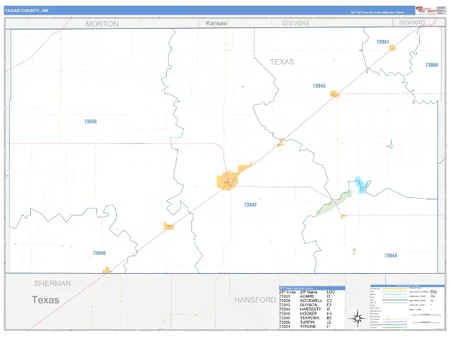 Texas County, OK ZIP Code Wall Map, Business Reference style