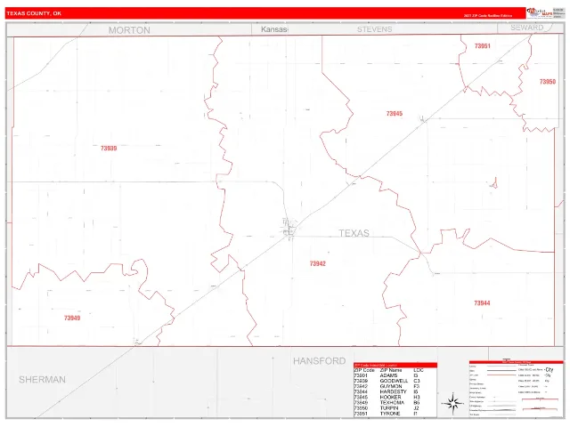 Texas County, OK ZIP Code Wall Map, RedLine style