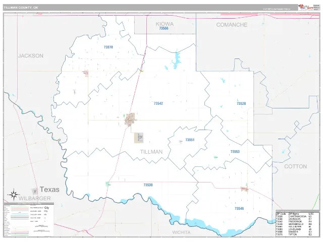Tillman County, OK ZIP Code Wall Map, Classic style