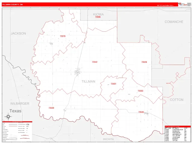 Tillman County, OK ZIP Code Wall Map, RedLine style
