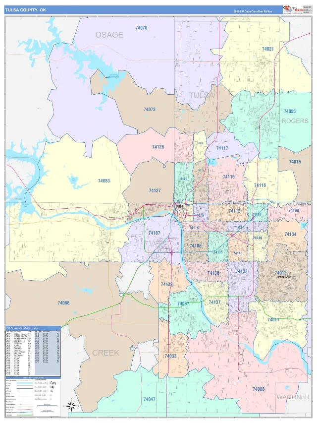 Tulsa County, OK ZIP Code Wall Map, ColorCast style