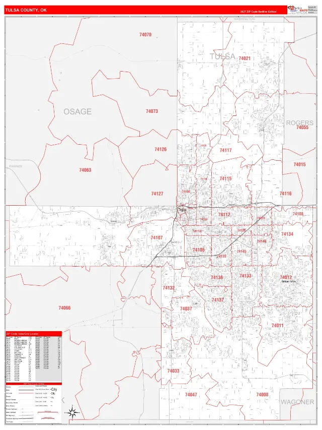 Tulsa County, OK ZIP Code Wall Map, RedLine style