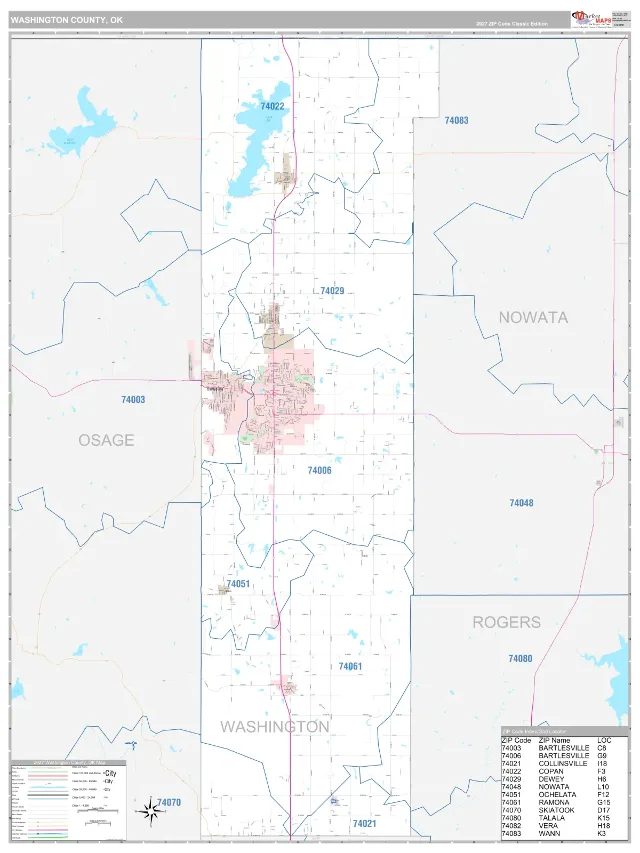 Washington County, OK ZIP Code Wall Map, Classic style