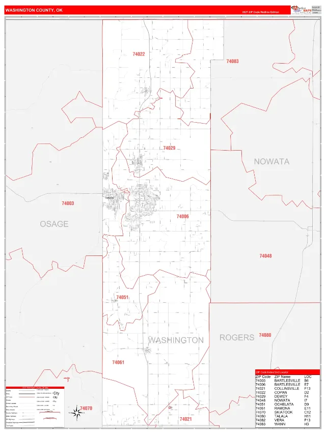 Washington County, OK ZIP Code Wall Map, RedLine style