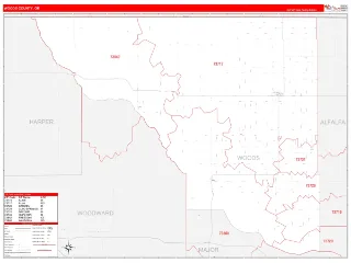 Woods County, OK RedLine style ZIP Code wall map