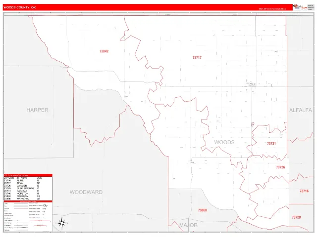 Woods County, OK ZIP Code Wall Map, RedLine style