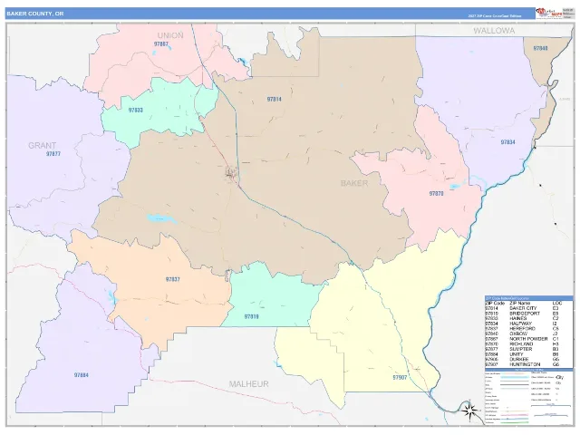 Baker County, OR ZIP Code Wall Map, ColorCast style