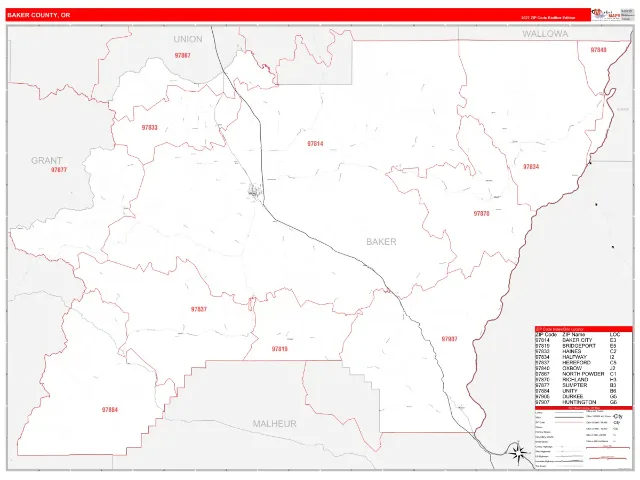 Baker County, OR ZIP Code Wall Map, RedLine style