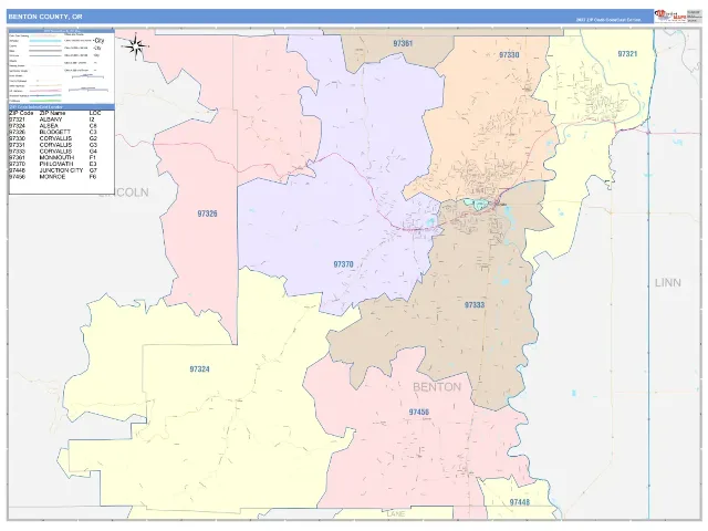 Benton County, OR ZIP Code Wall Map, ColorCast style