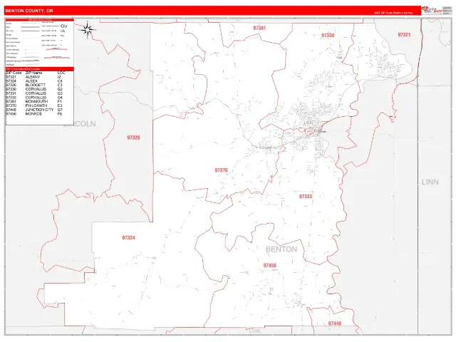 Benton County, OR ZIP Code Wall Map, RedLine style